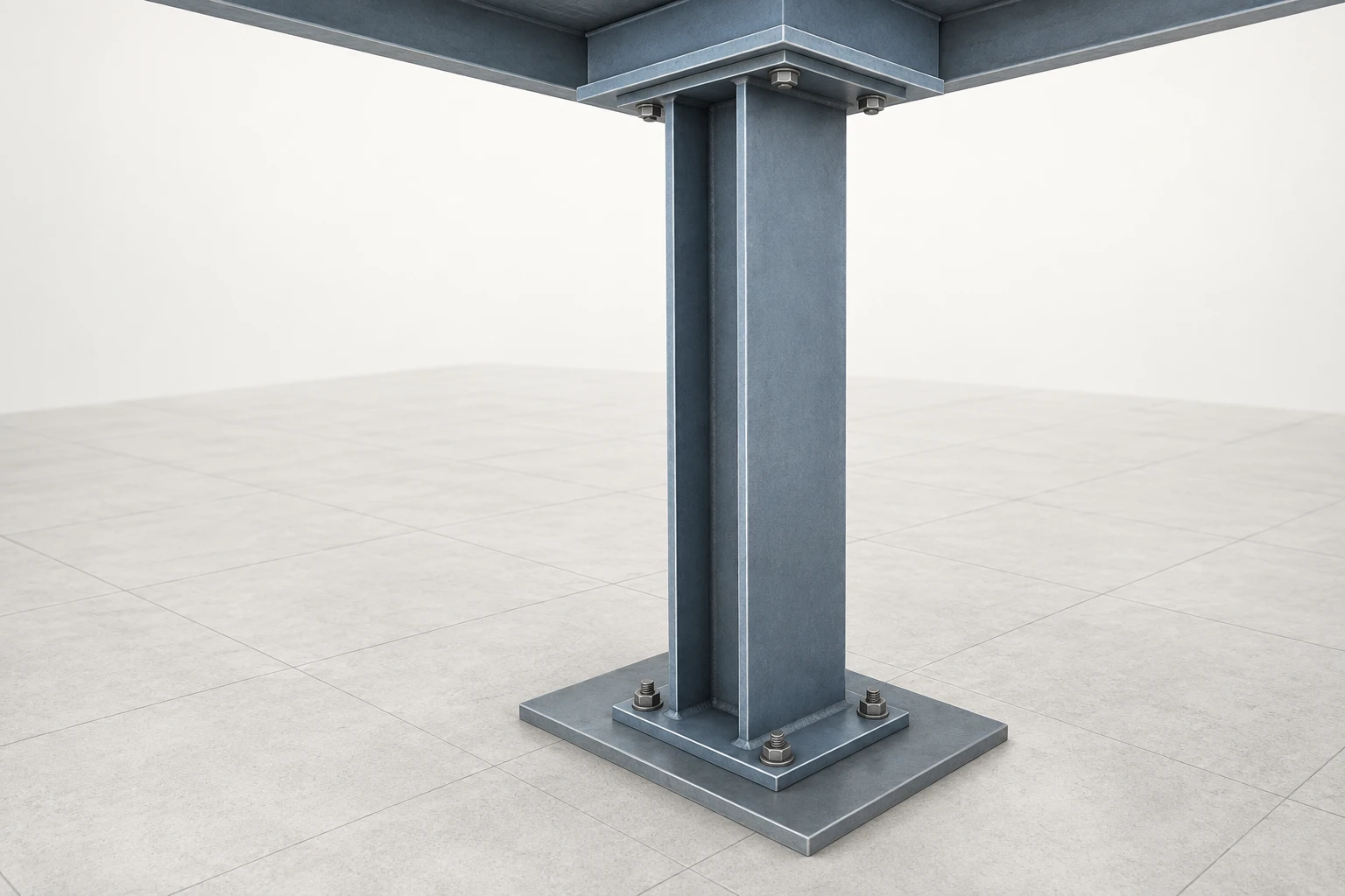 Section Orientation in a Column An intact steel wide-flange column connects a base plate to overhead framing with its flange-and-web orientation visible.