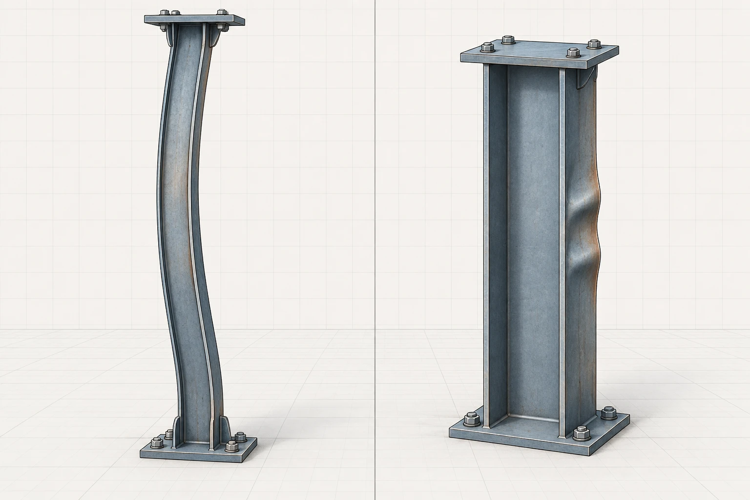 Global and Local Buckling Modes Side-by-side text-free comparison of a whole column bowing and a thin section plate wrinkling locally.