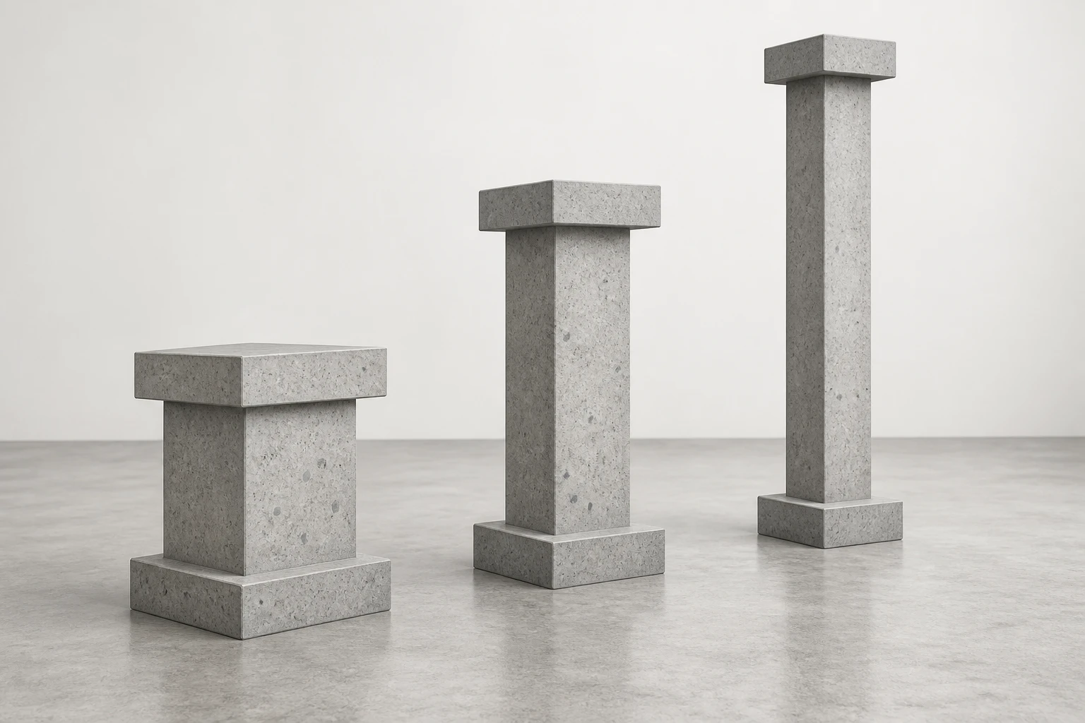 Column Proportion Contexts Three intact concrete column specimens show squat, medium, and slender proportions on connected base blocks.