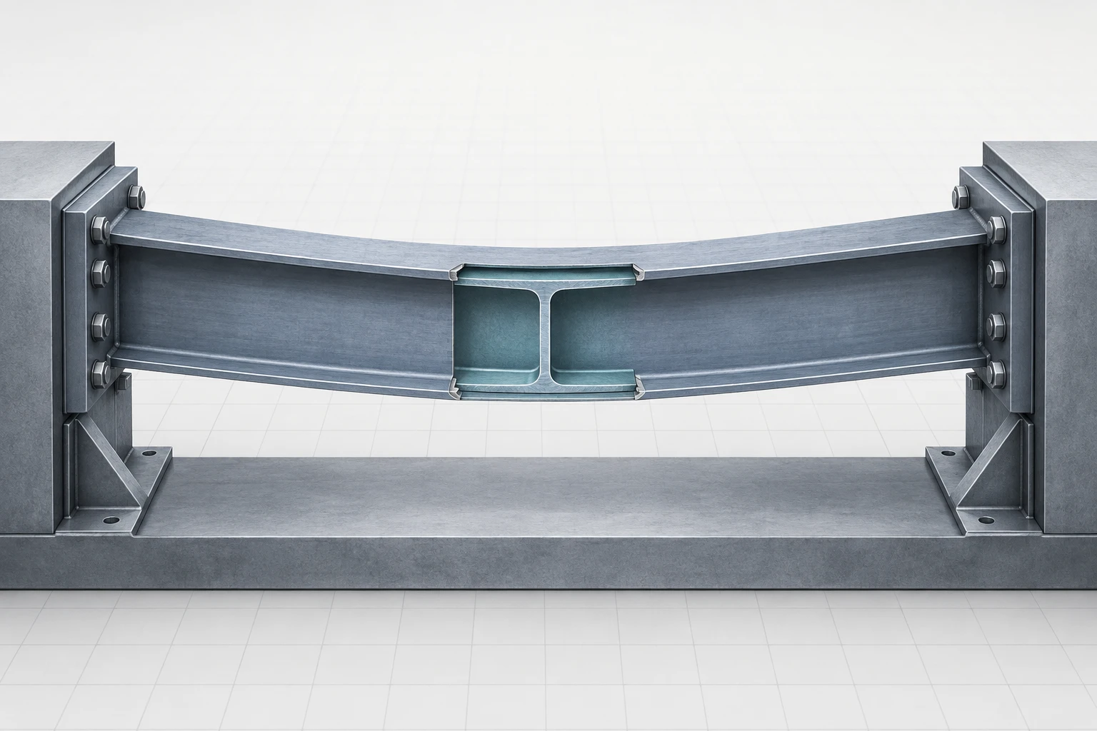 Continuous steel I-section member with intact end plates, a shallow elastic bow, and a midspan section reveal.