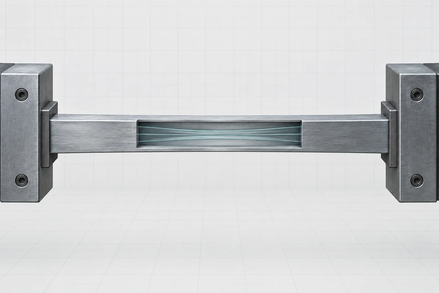 Text-free cool blue-gray prismatic steel bar held between intact grips with a shallow cutaway through its middle.