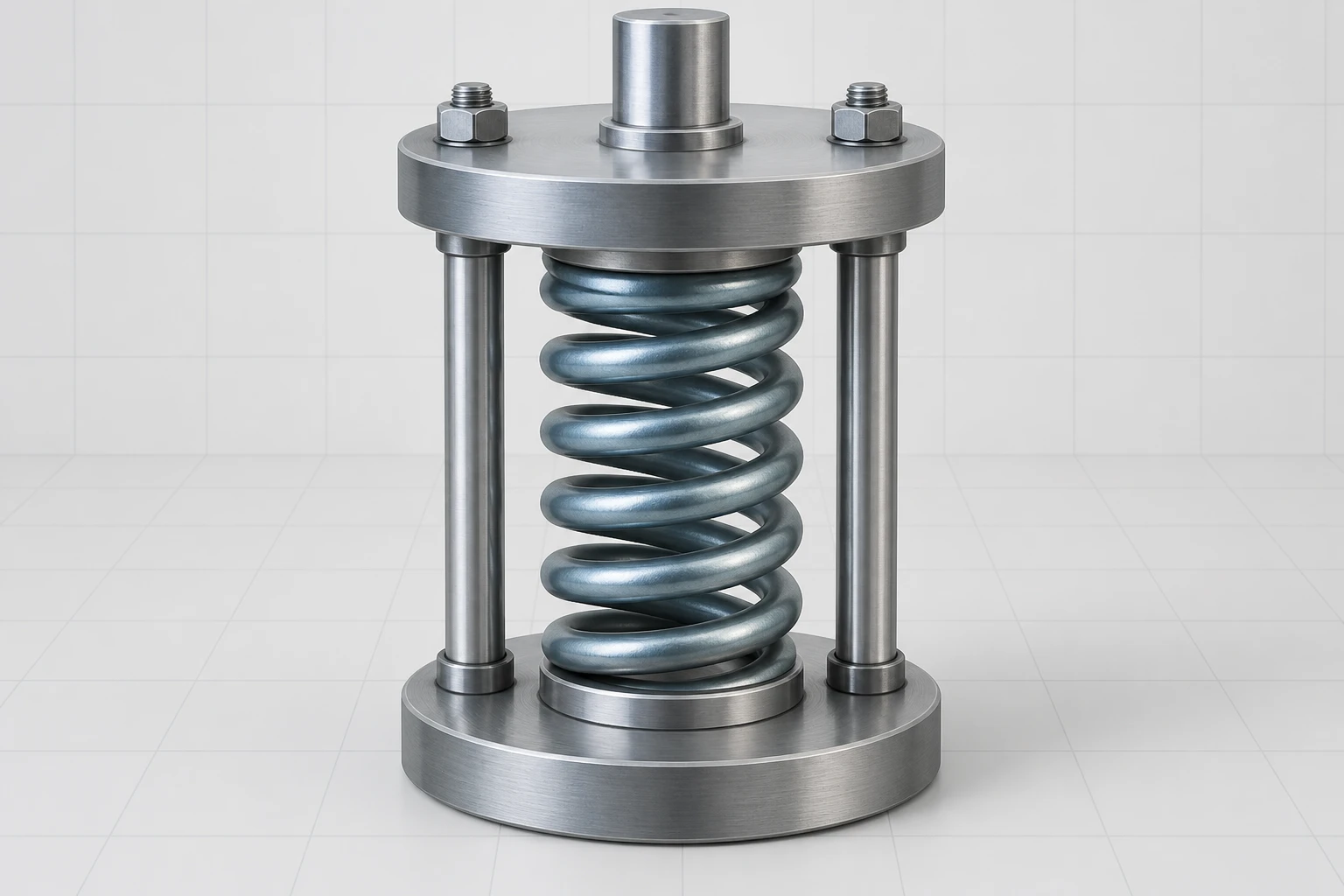 Connected steel compression spring seated between aligned end plates in a restrained fixture.