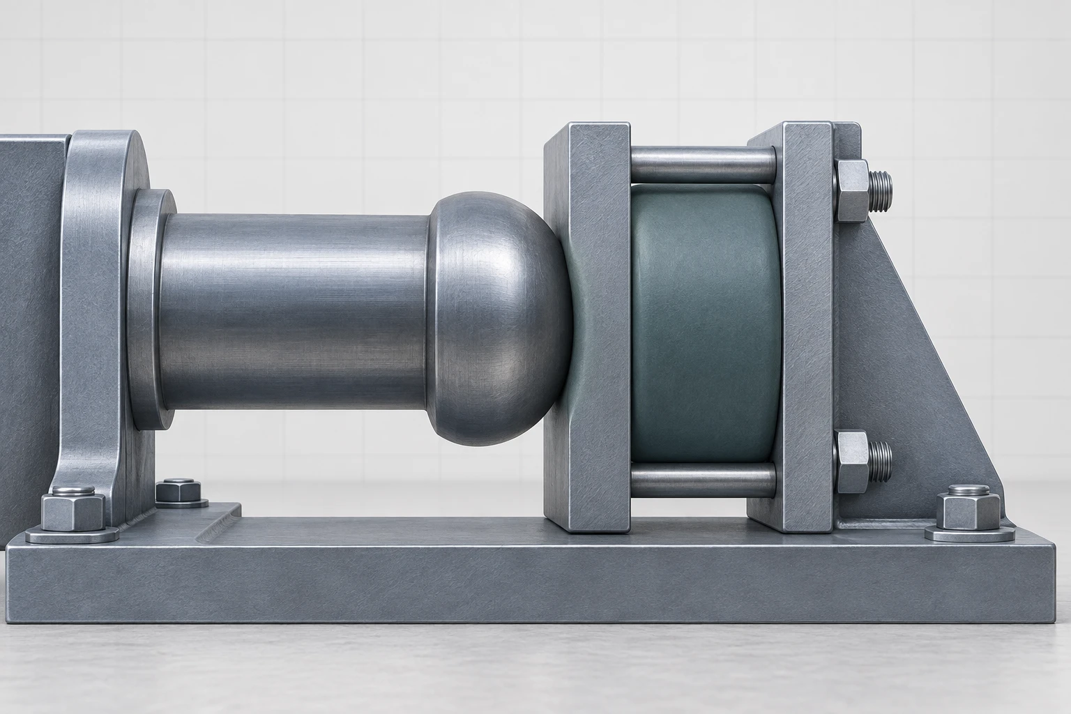 Static steel striker seated against a thick elastic buffer pad held in an anchored frame.