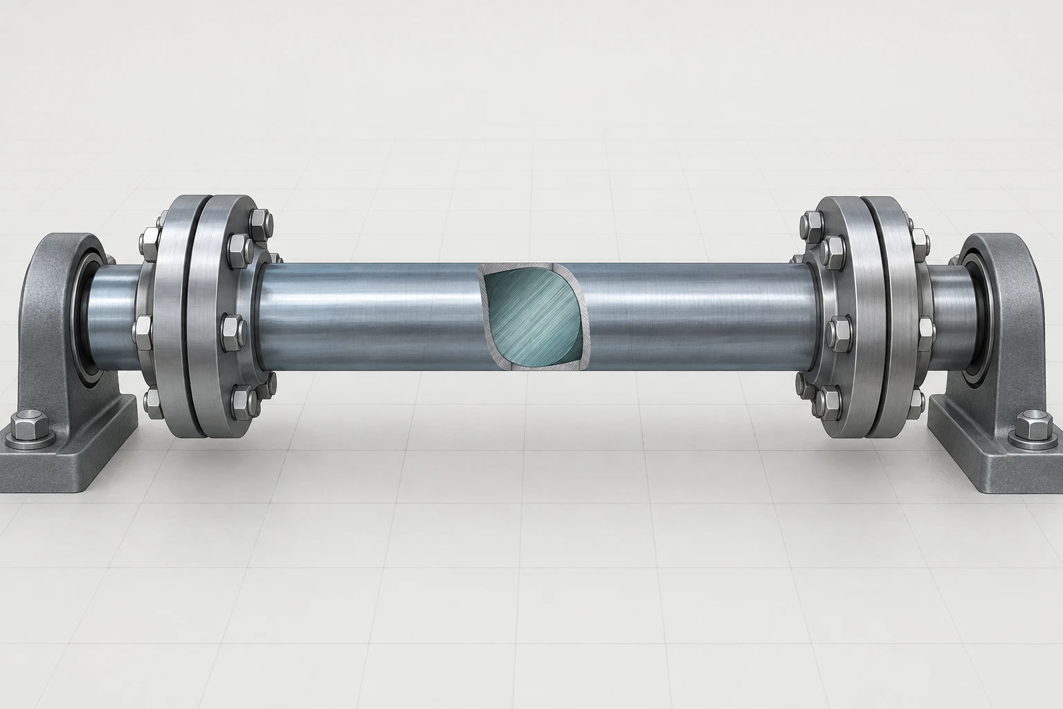 Straight circular steel shaft between aligned flanged couplings with a central section reveal.