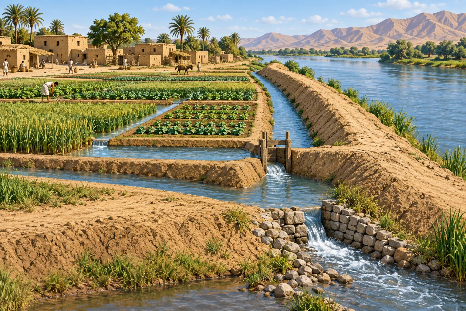 Illustrative early water-management system with a canal, embankment, storage basin, and irrigated fields arranged around a settlement.
