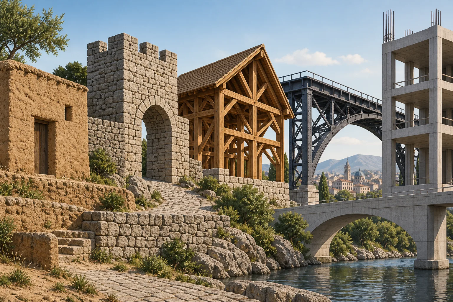 Sequential illustration of earth and stone, timber and masonry, iron, steel, reinforced concrete, prestressed concrete, and low-carbon engineered materials.