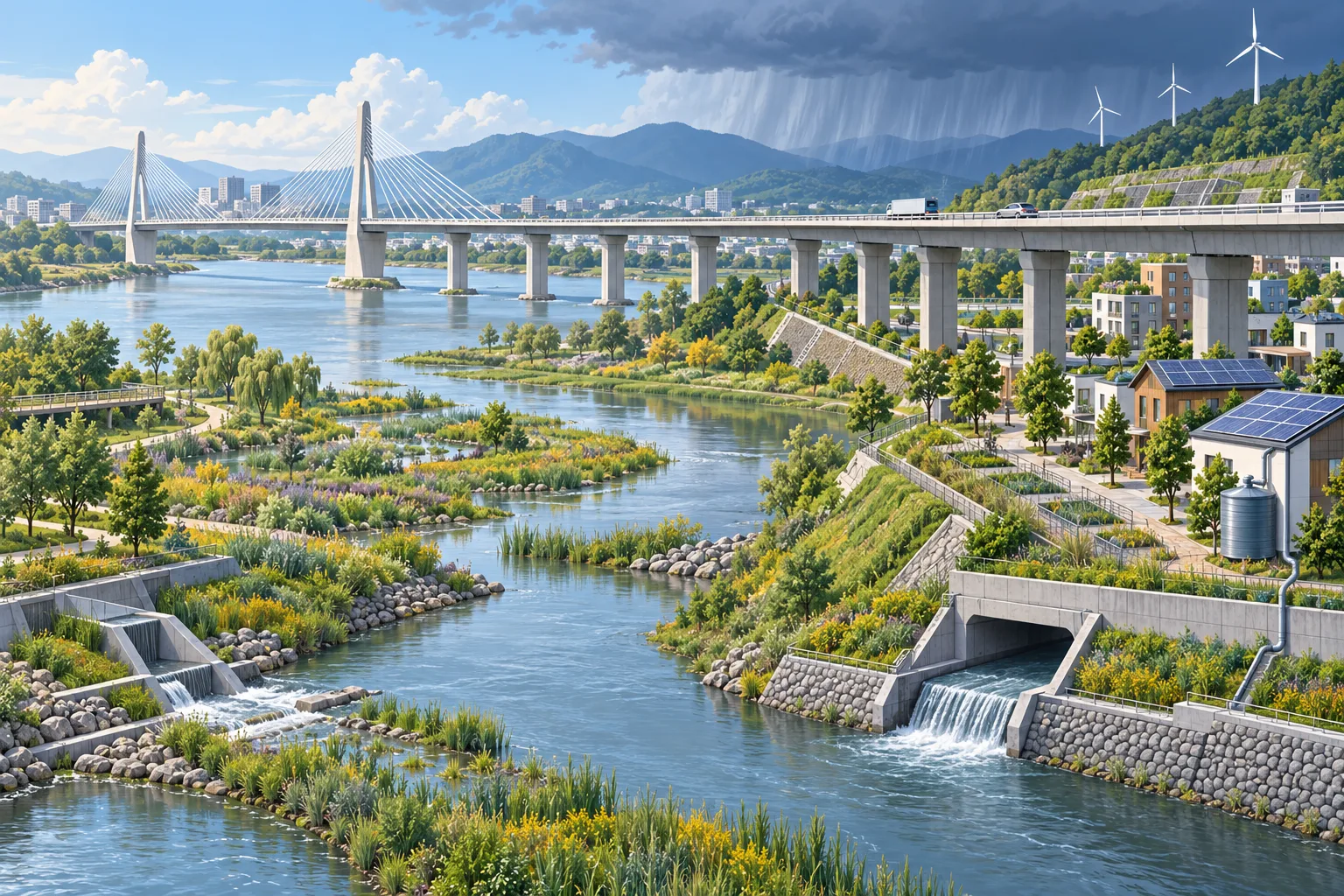 Illustrative modern infrastructure scene showing a bridge, flood-control landscape, elevated utilities, sensor monitoring, and lower-carbon construction features designed around multiple hazards.