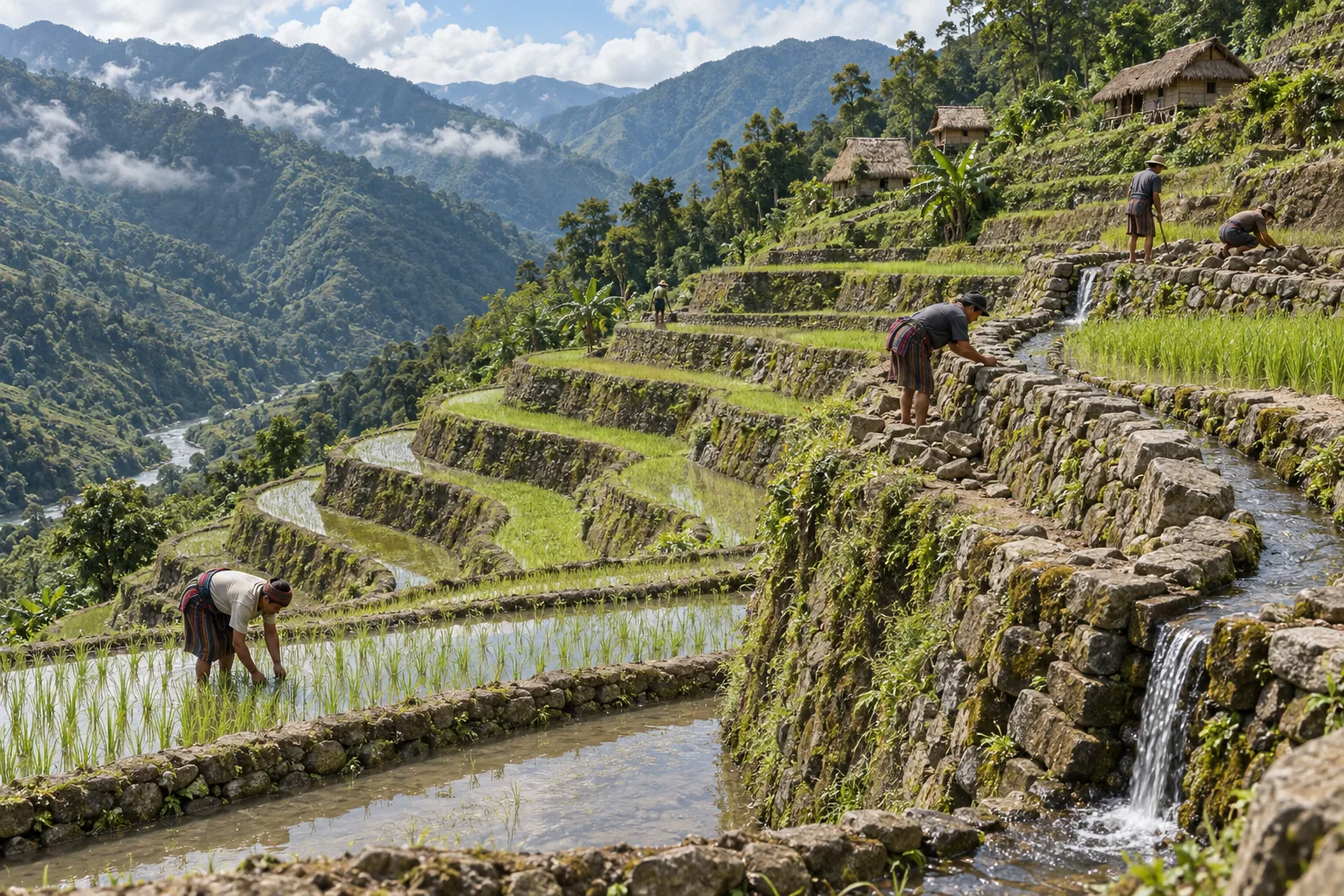 Stepped rice terraces in the Philippine Cordilleras with contour retaining walls, irrigation channels, and cultivated paddies following a mountain slope.