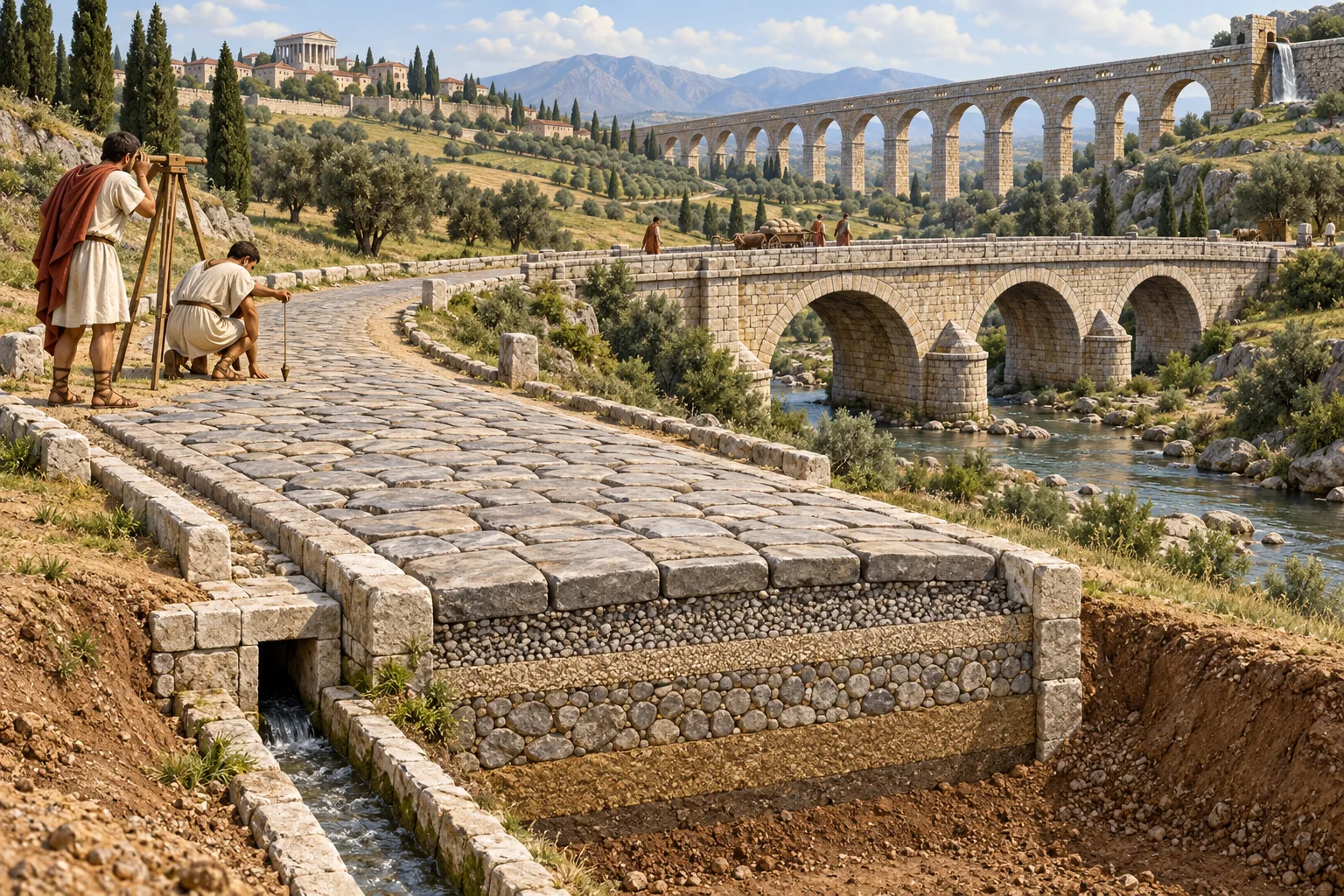 Roman road with a layered surface and drainage edge beside a stone aqueduct carrying water on a controlled gradient.