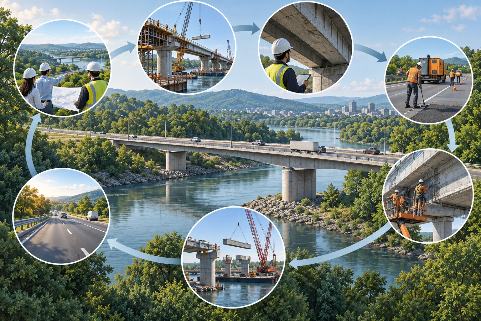 Infrastructure asset shown across planning, design, construction, operation, maintenance, rehabilitation, and safe decommissioning stages.