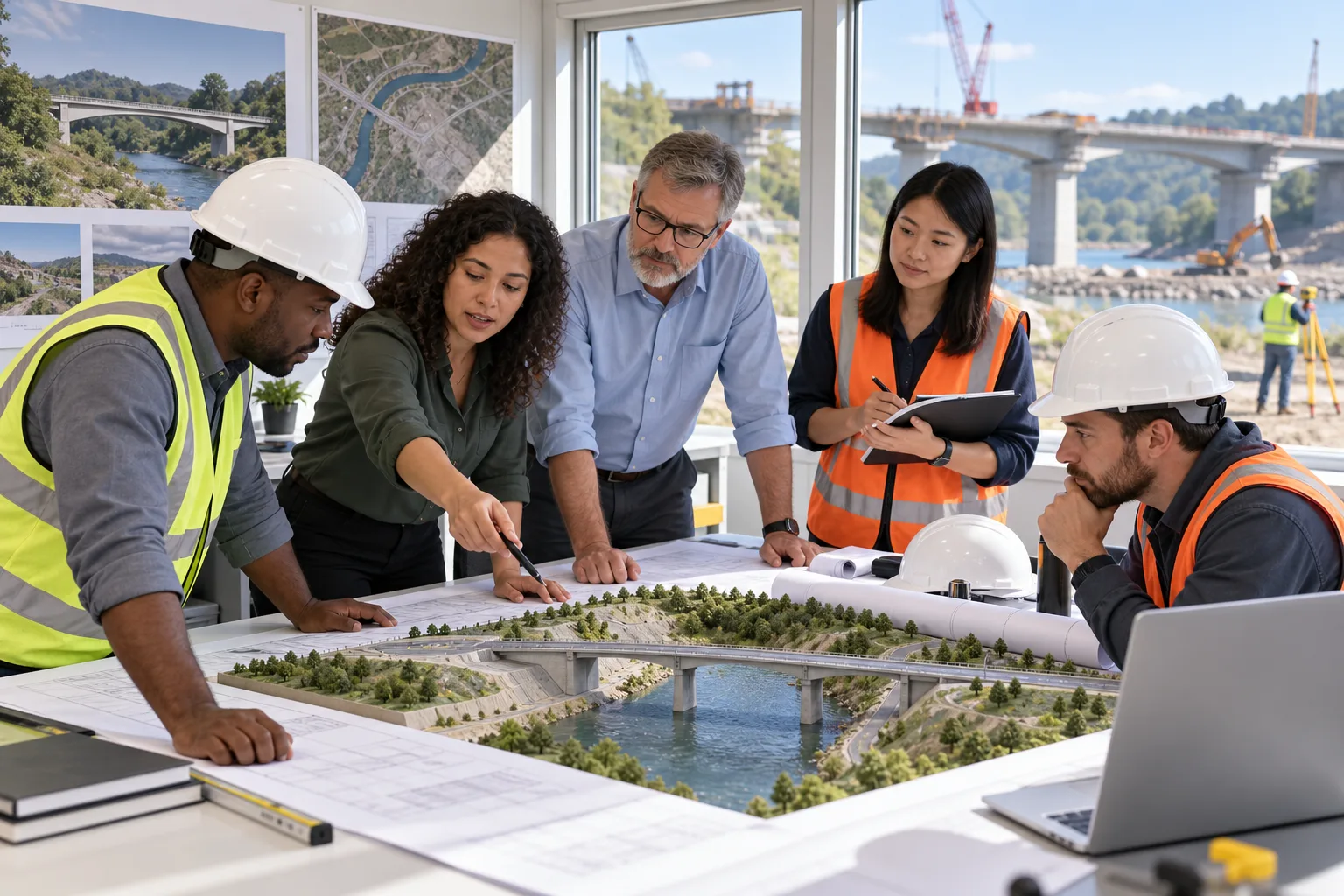 Multidisciplinary infrastructure project team reviewing coordinated plans with civil, structural, geotechnical, transportation, environmental, architectural, and construction roles represented.
