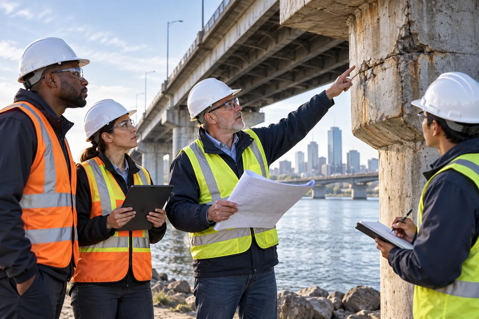 Civil engineer reviewing a sealed structural document and site inspection records beside hazard controls, with a clear chain from decisions to public-safety accountability.