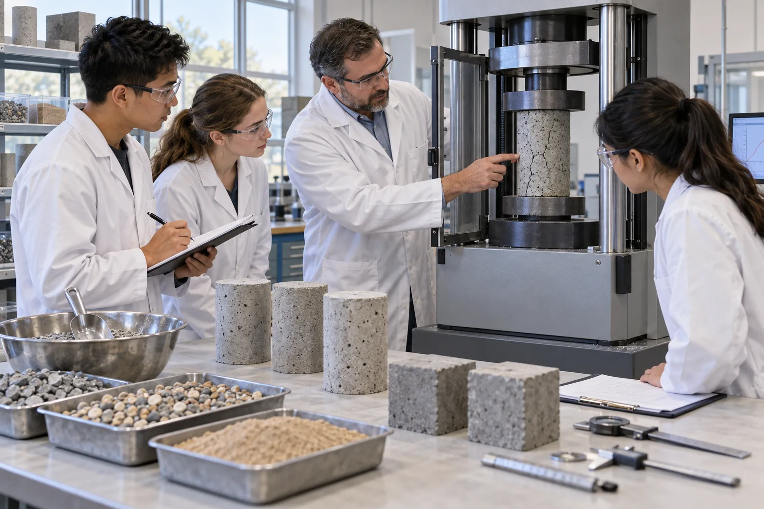 Civil engineering students preparing concrete, steel, soil, and fluid specimens for controlled laboratory measurements with records and instruments visible.