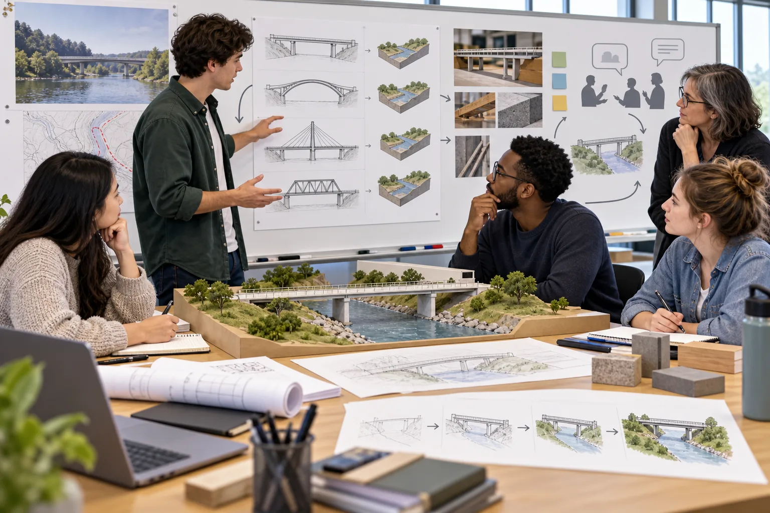 Civil engineering design studio team translating intended outcomes into a bridge project through alternatives, calculations, testing, presentation, rubric assessment, and revision.
