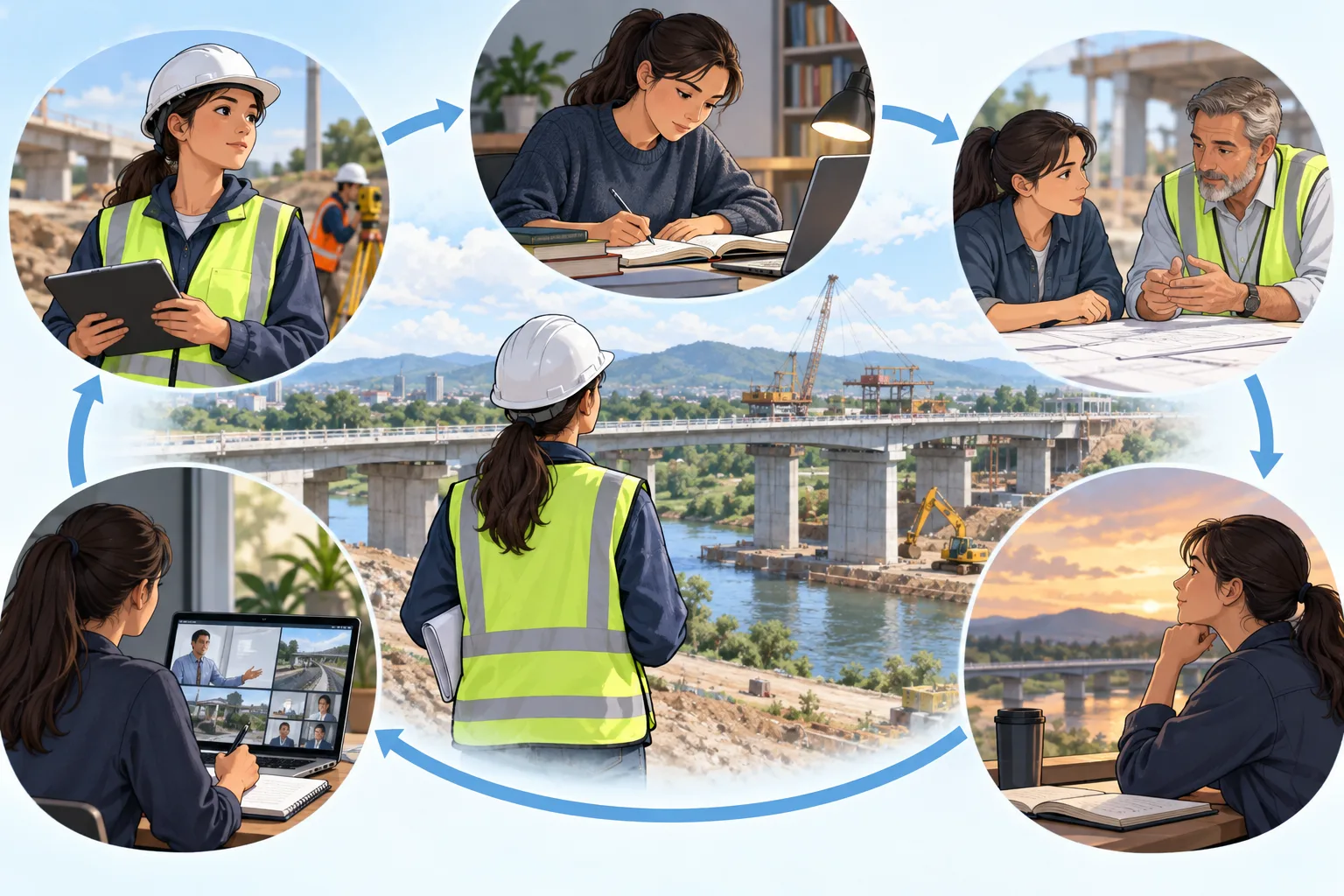 Civil engineer moving through continuing development activities—technical study, mentoring, project experience, standards updates, reflection, and reassessment—in a repeating loop.