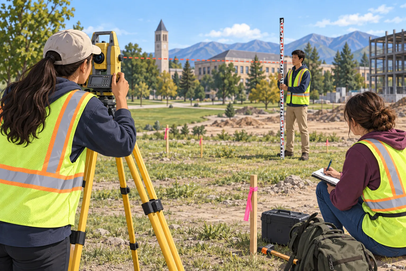 Surveying students setting up a total station on a construction site while checking a prism, field notes, benchmark, and measured alignment.
