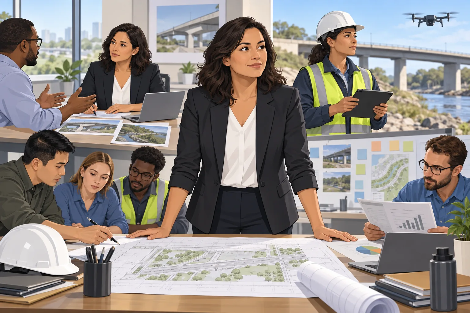 Civil engineering entrepreneur reviewing a project proposal, contract documents, cash-flow plan, quality records, and safety responsibilities with a small project team.