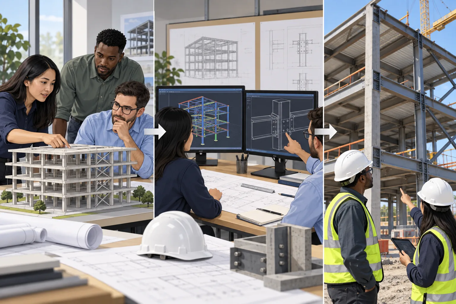 Civil engineering design team reviewing a structural model, drawings, calculations, and a marked-up connection detail.