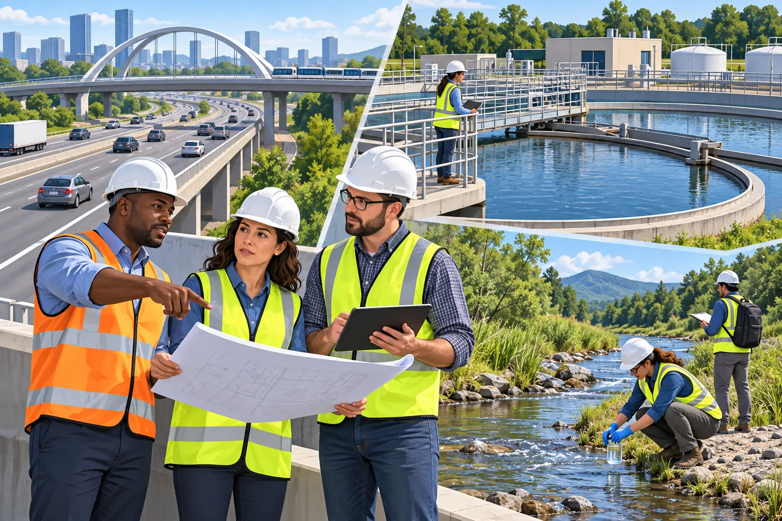 Civil engineering professionals examining water, transport, and environmental infrastructure in a coordinated planning scene.