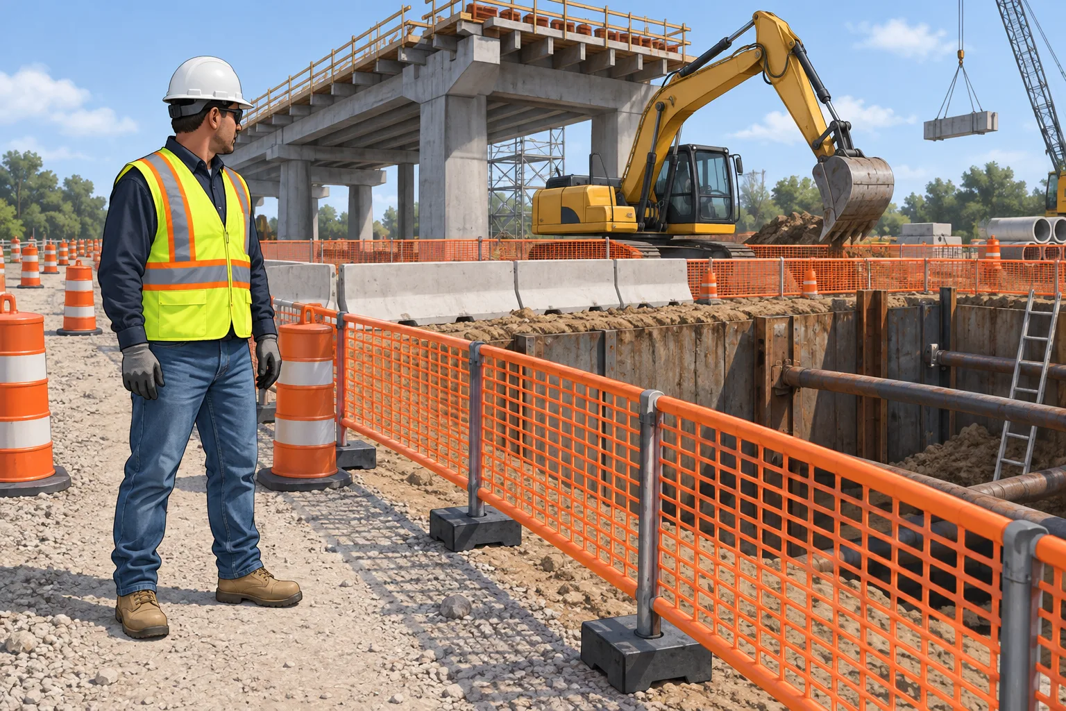 Construction worker in correctly selected personal protective equipment beside an exposed task area, with the underlying hazard still present.