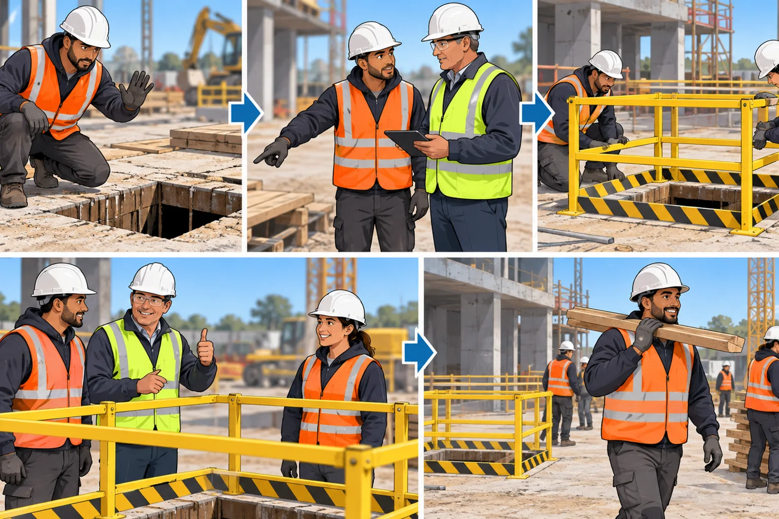 Worker and supervisor recording a hazard or near miss, assigning a corrective action, and checking the work area again after correction.