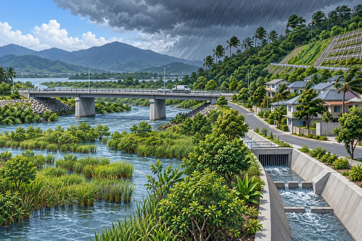 Climate-resilient infrastructure scene combining flood-aware site planning, protected utilities, drainage, redundant access, and recoverable public services.