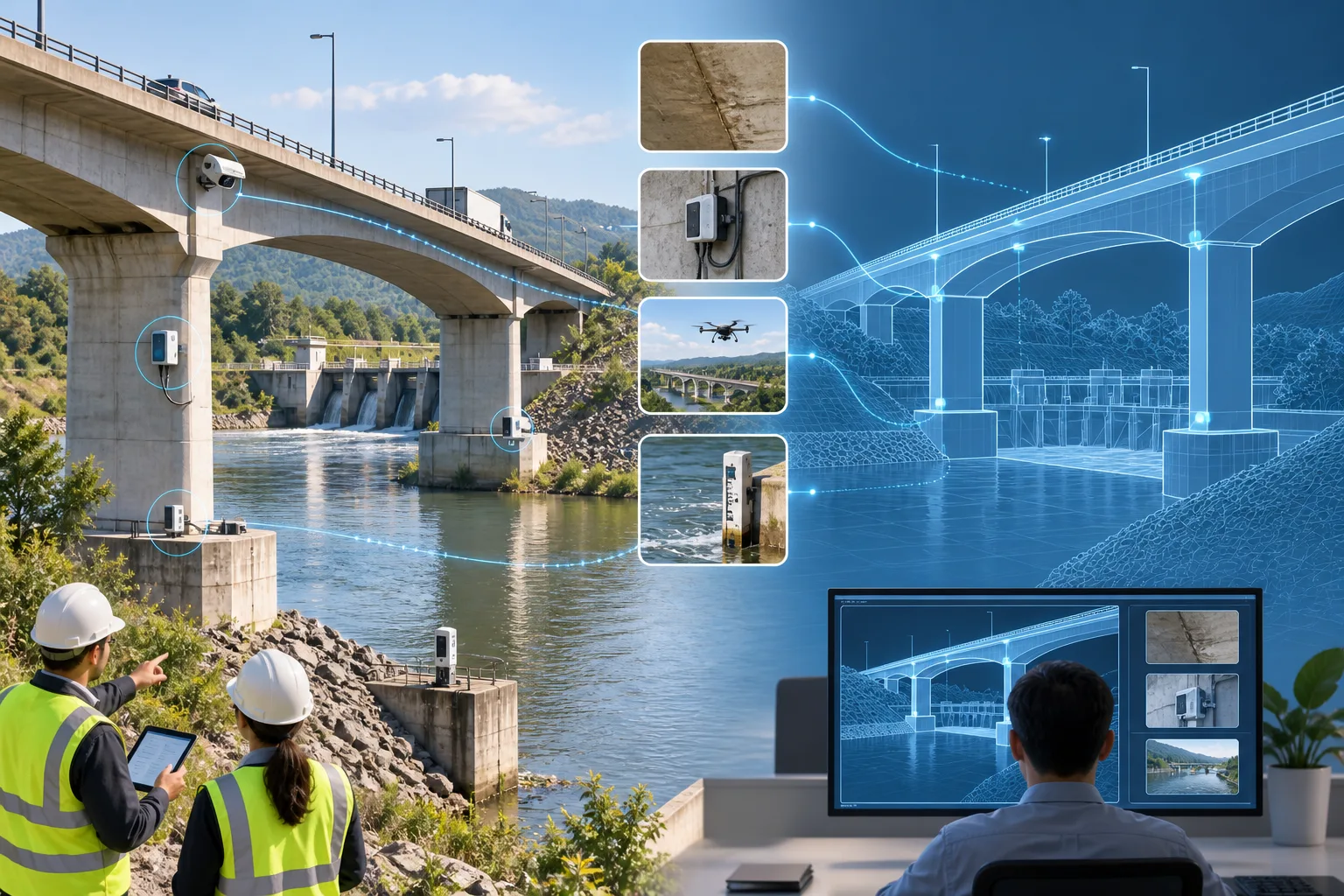 Infrastructure asset represented alongside inspection records, sensor readings, deterioration information, and maintenance decisions.
