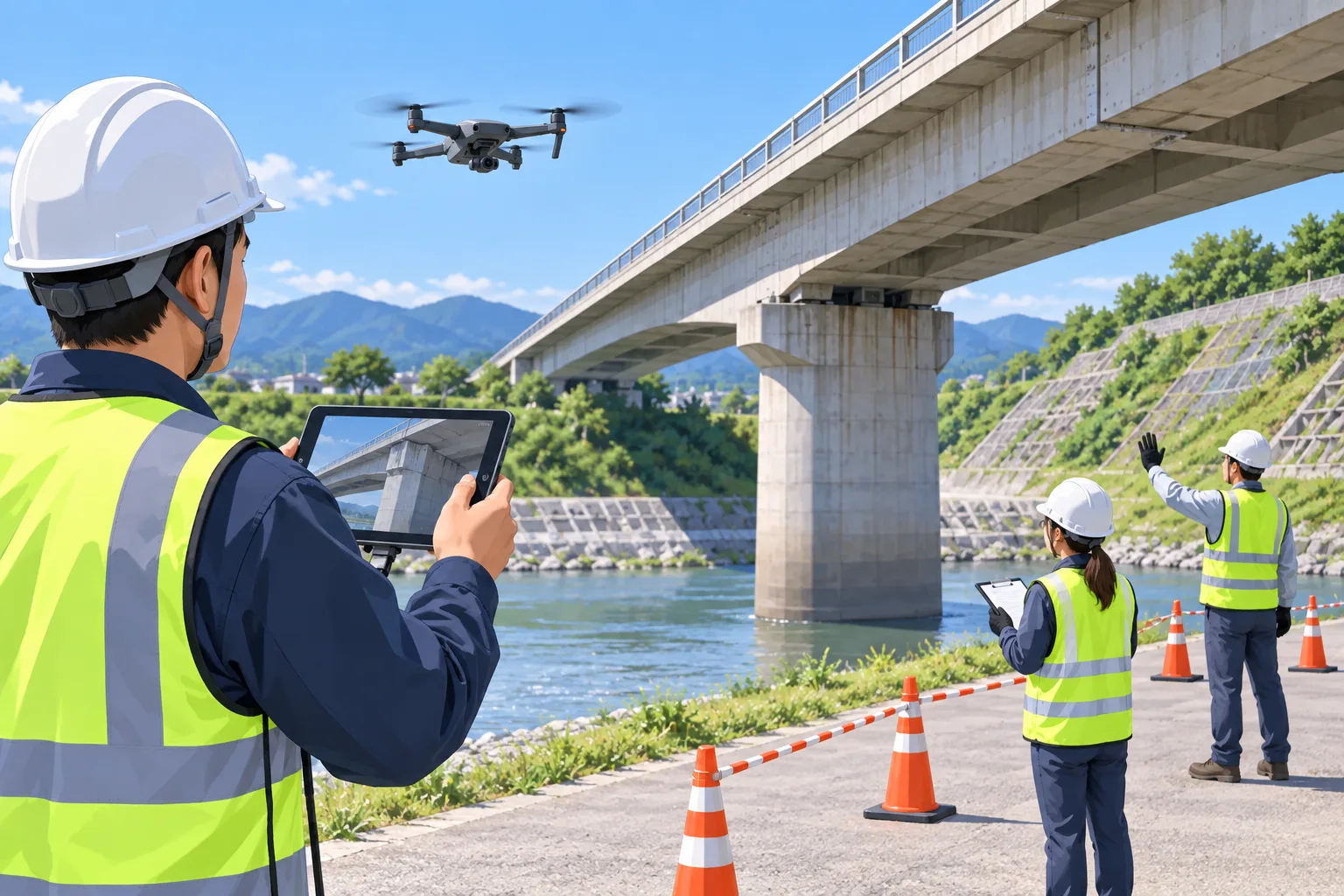 Drone capturing aerial imagery of a construction or infrastructure inspection area while engineers review a mapped remote-inspection record.