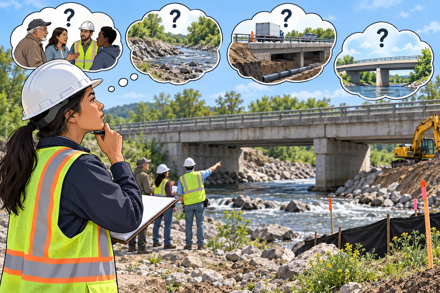 Civil engineer framing a field problem by observing the asset, constraints, stakeholders, and desired performance before selecting a solution.