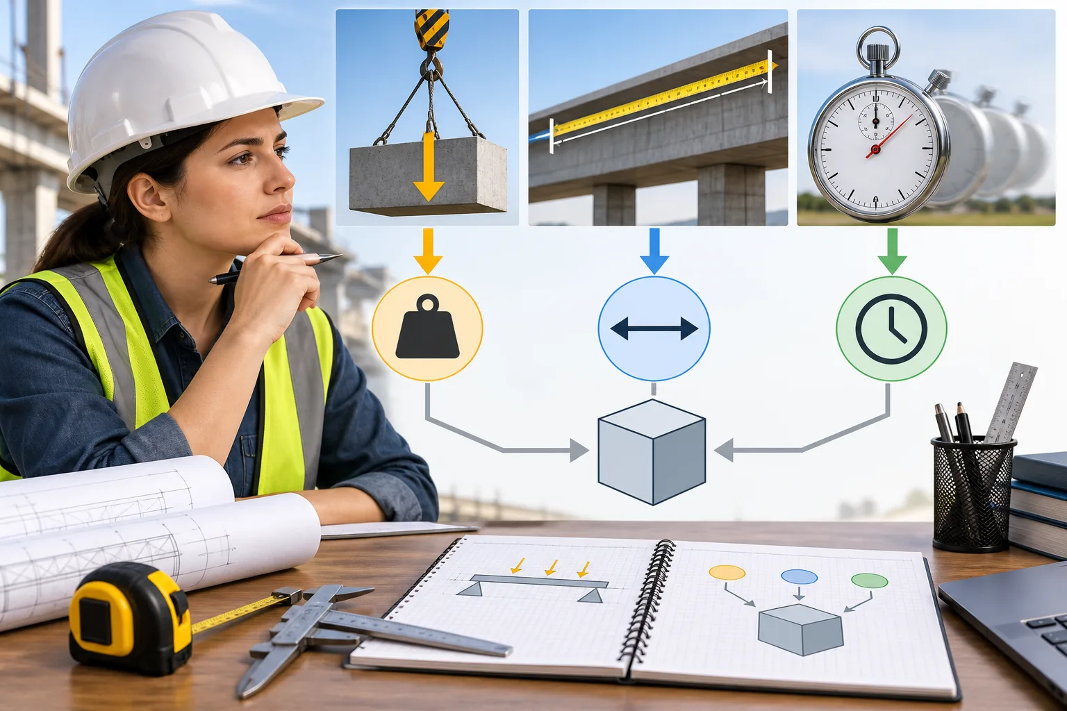 Civil engineer checking physical quantities and unit consistency with measuring instruments and an organized calculation workspace.