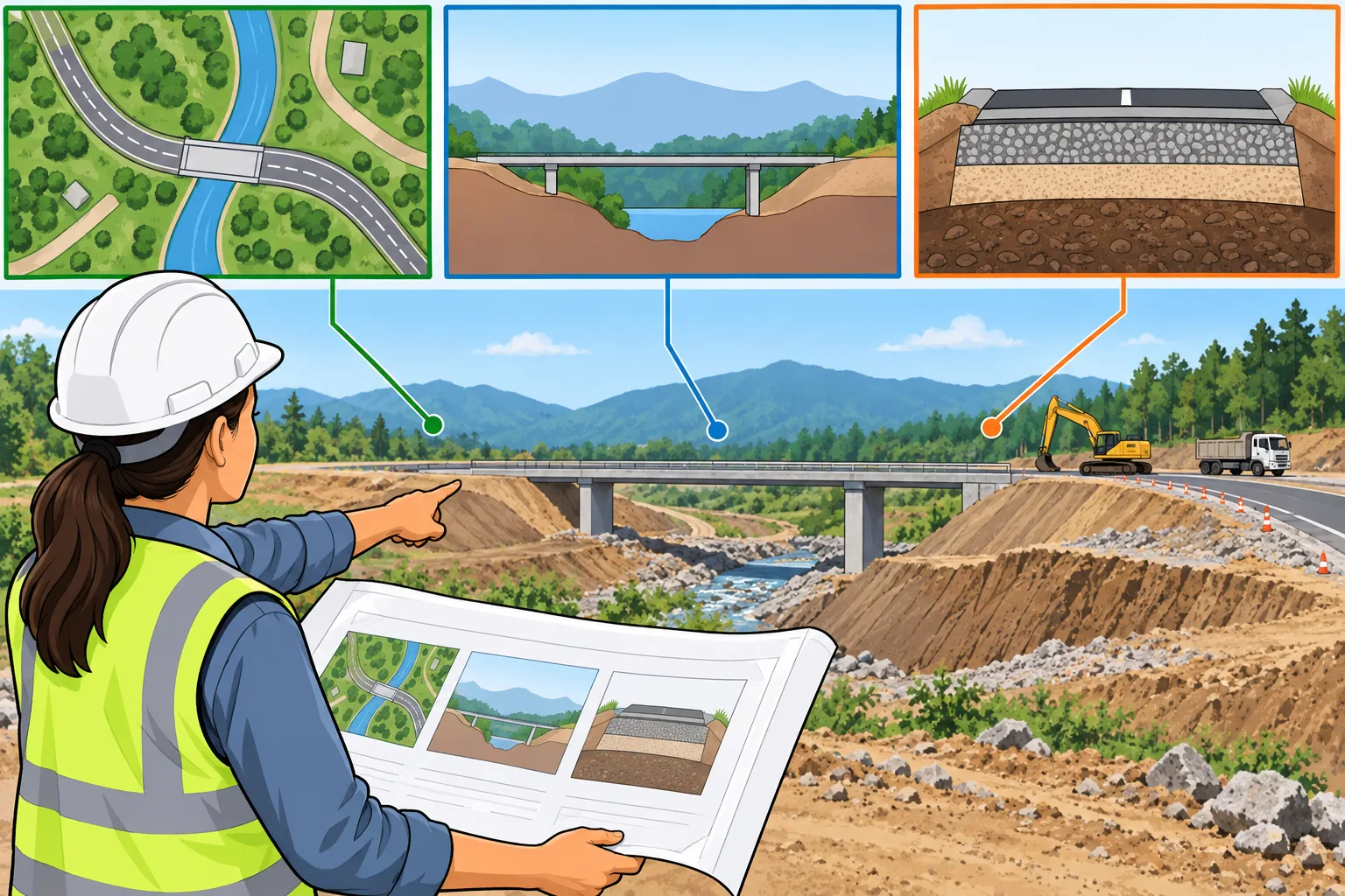 Civil engineer coordinating plan, profile, and section views with field observations and controlled project information.
