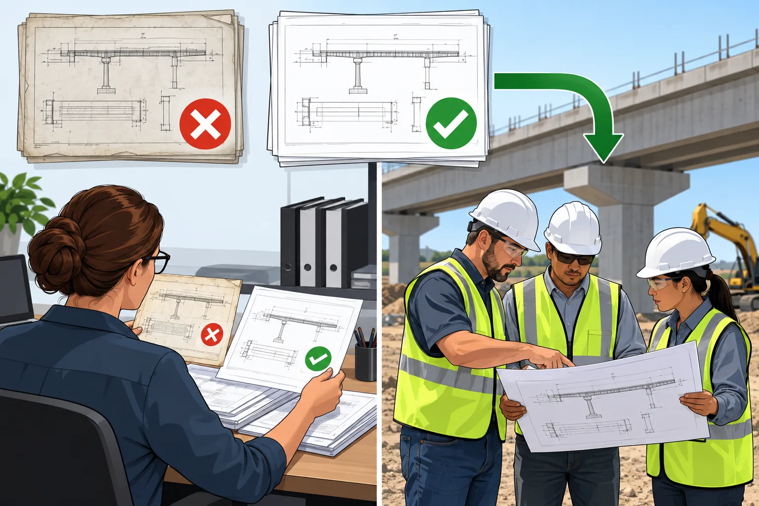 Engineer checking old and current civil drawing revisions while the field team uses the controlled current information.
