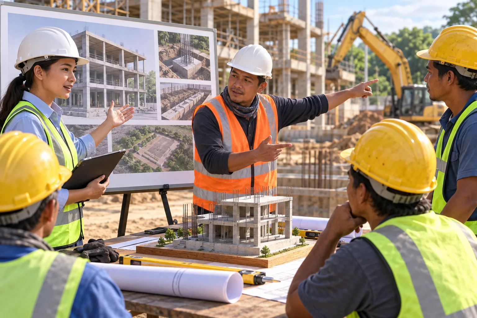 Bilingual construction briefing where an engineer, foreperson, and workers confirm a site instruction with shared visual references.