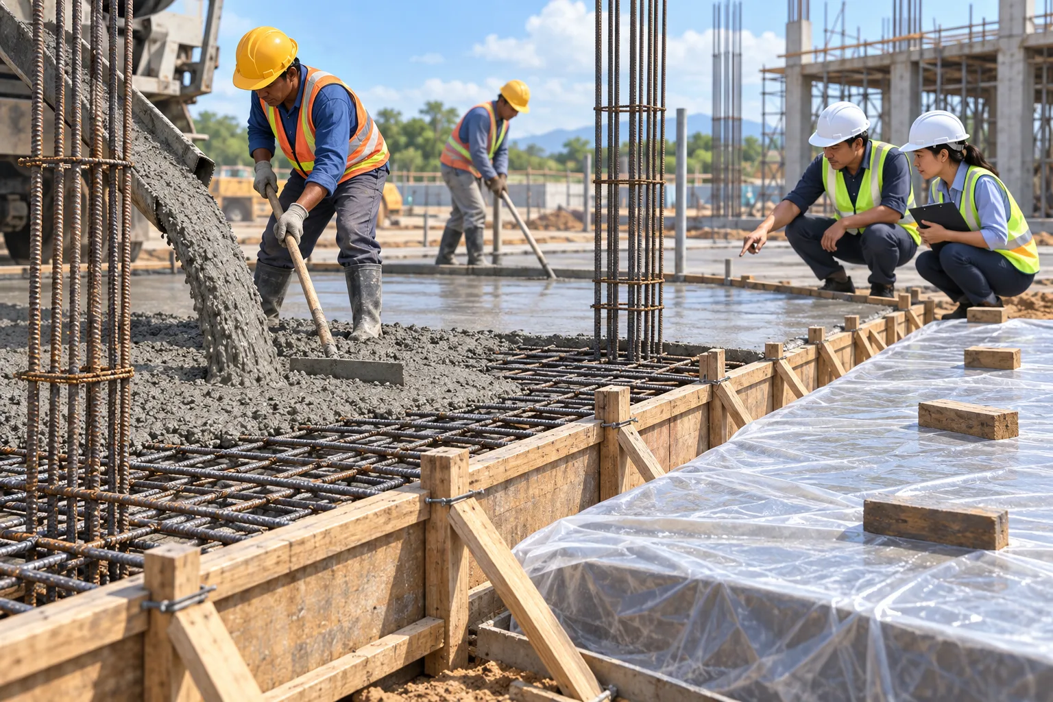 Construction view showing concrete placement, reinforcement bars, formwork, curing protection, and workers checking the work.
