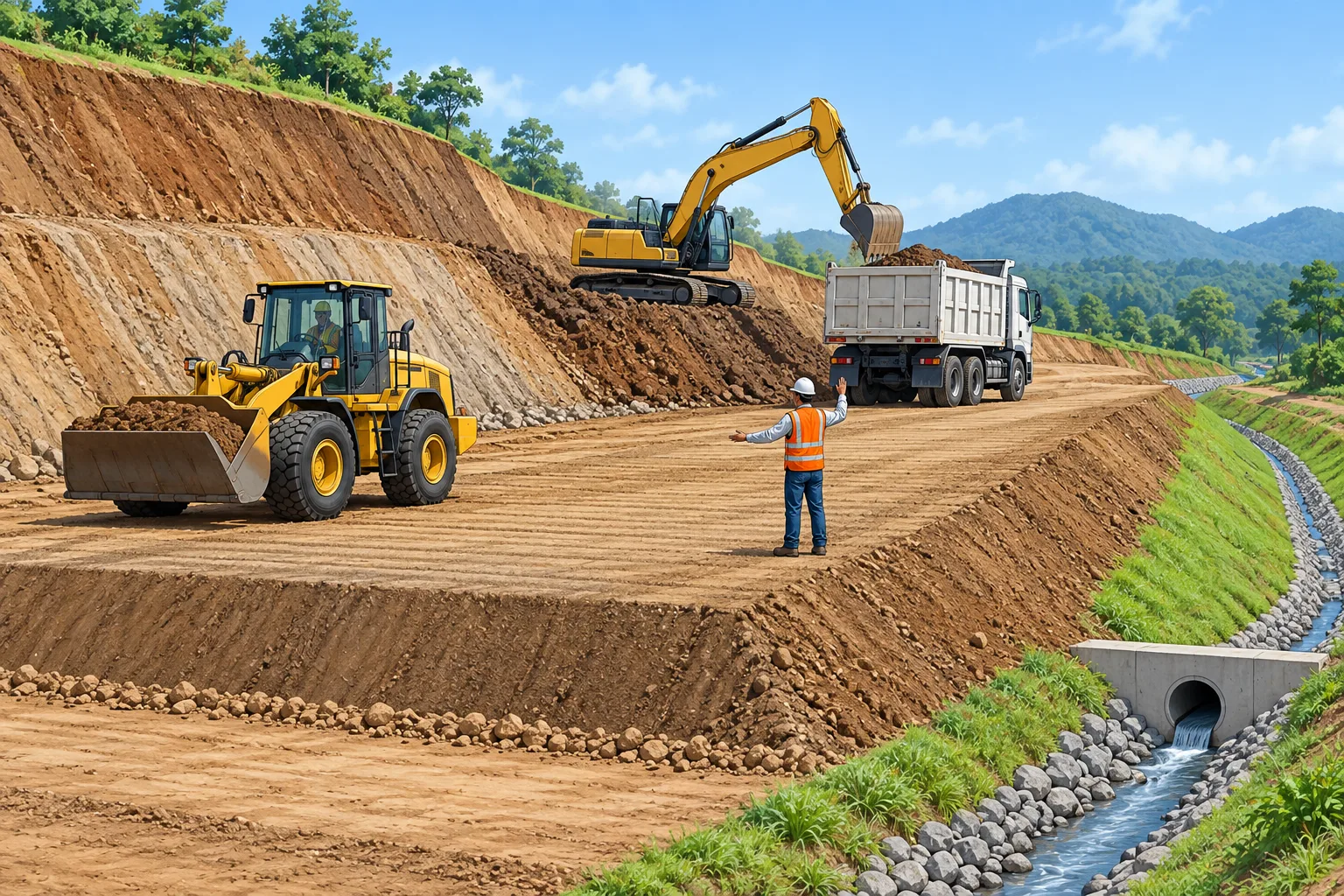 Earthworks site with cut and fill slopes, compacted layers, drainage, excavation equipment, haul equipment, and a spotter.